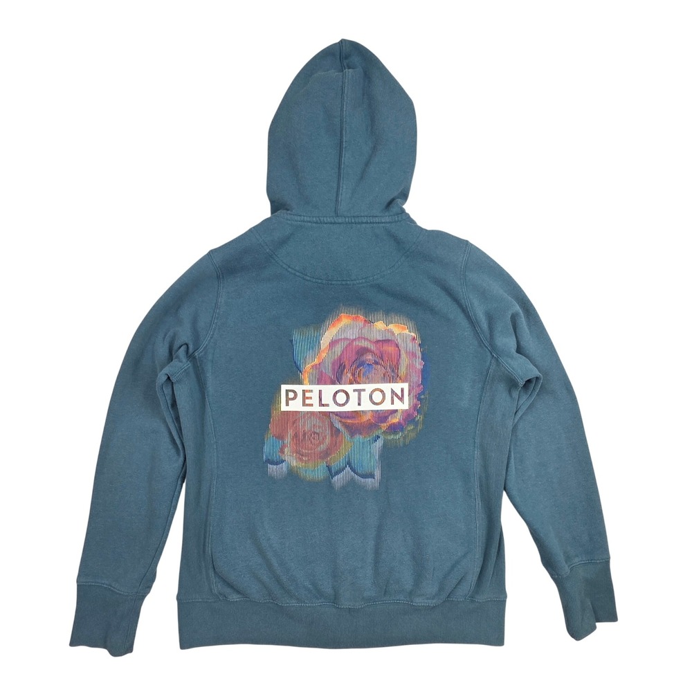 Peloton Full Zip Hoodie Teal Blue Floral Back Graphic Sweatshirt Large P121043RP